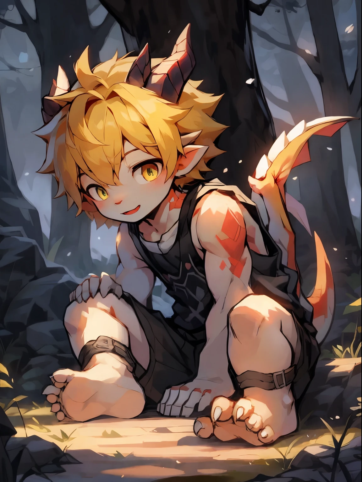 Style image of a ********** , trending on artstation pixiv, Guviz-style artwork, Very handsome， Guviz, Guweiz on ArtStation Pixiv, young male anthro dragon，Tank top, White scalelue, yellow hair，winter, Close-up body，lies on the ground，male people，toddlers，((Libido boy))，Dragon's horn