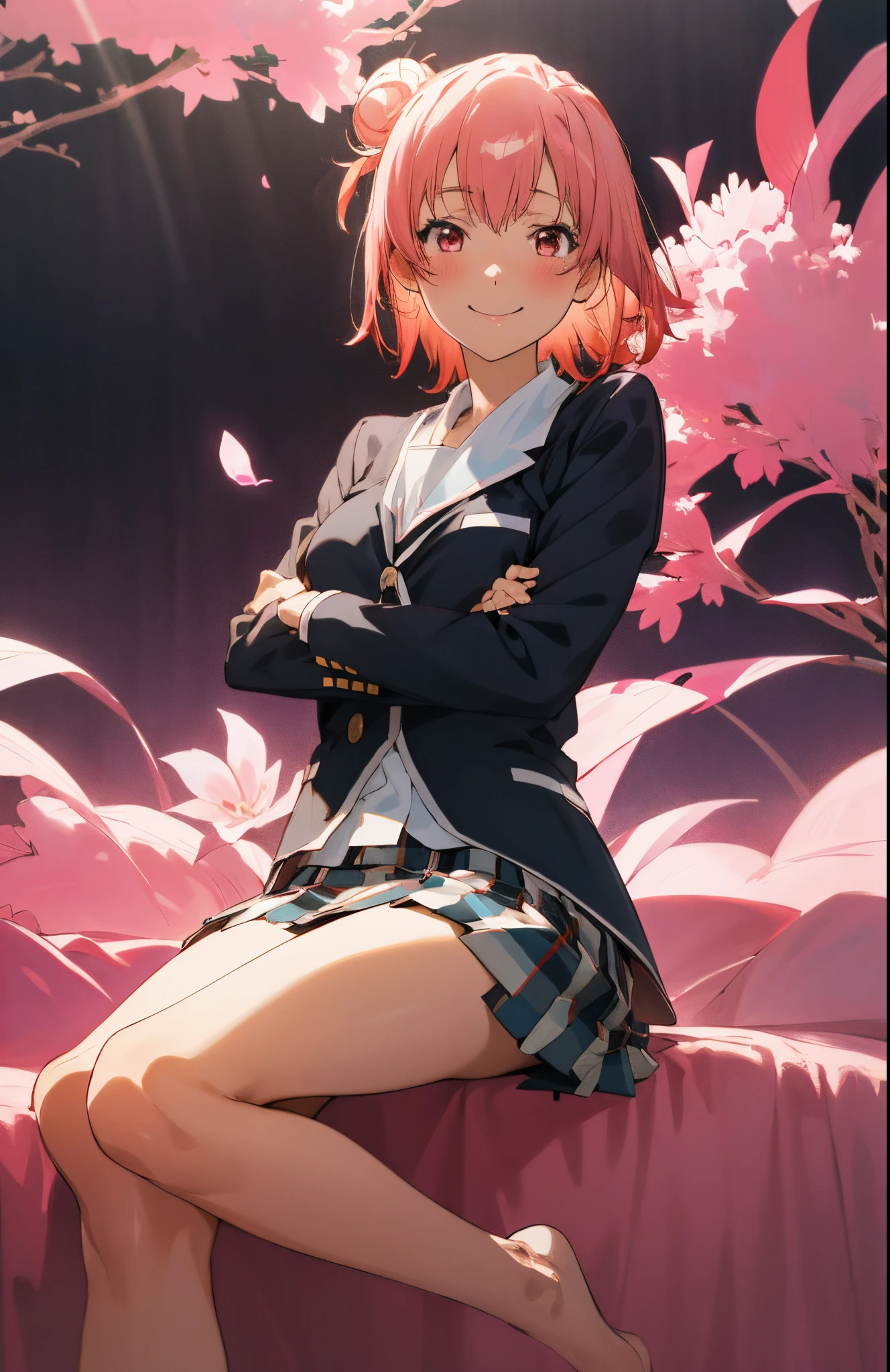 masutepiece, High quality, Best Quality, High resolution, 4K, High Definition, Beautiful lighting,Highly detailed face, well-drawn hands, well-drawn legs,well-drawn feet,well-drawn eyes,1girl in, Short hair, Pink hair, Pink eyes, Yui, Hair bun,sobu highschool uniform, Black Blazer, White shirt, red ribbon plaid skirt, Smiling,