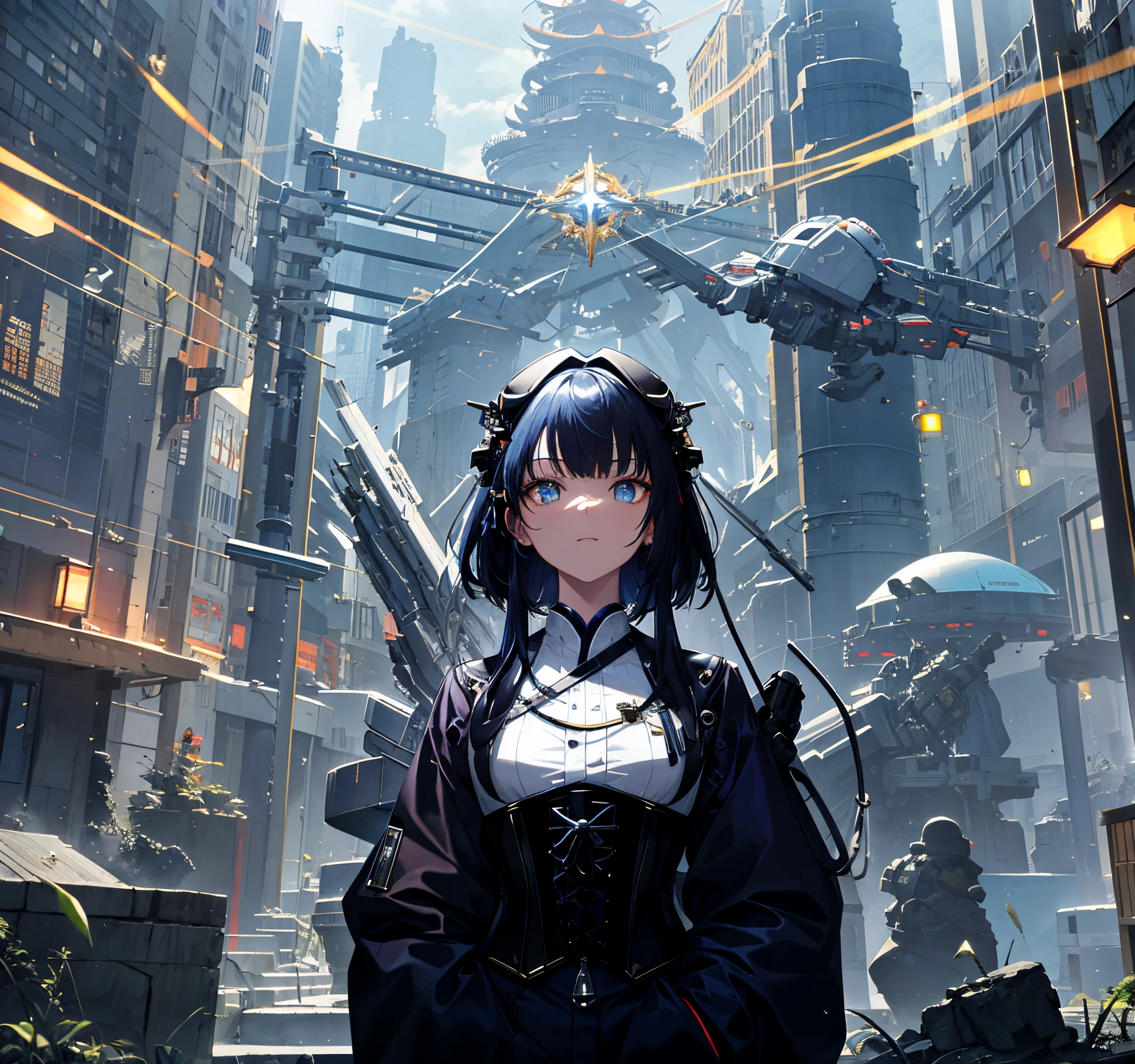 tmasterpiece，Best quality，ultra - detailed，very detailed illustration，Very meticulous，Complicated details，A high resolution，super complex detail，Very detailed 8k CG wallpaper，Denim lenses，Caustics，reflector，ray traycing，Demon Theme，Starcloud，darkness aura，cyber effect,(1 Sister:1.4),Alone,Alone,mecha girl,mechanicalparts,robotjoints,single mechanical arm,Hats,Mechanical Aura,star halo,Electromechanical jumpsuit,mecha corset,Common,Straight A&#39;S,Very long hair,White hair , Hair between both eyes, Hair color, Colored inner hair, blue colored eyes, glowing light eyes, Eye trajectories, Random expression, Random actions, ancient japanese architecture, ponds, starrysky, skylines,