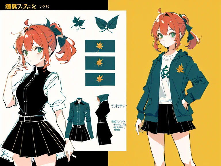 1girl in, ((Character information)、(Chara Leaf)、Type sheet, Character Sheets, Three types,Shot Full Body,Game Character Design,Colorful, Bright, hairlong, pony tail