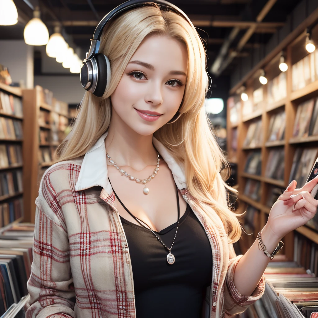 flannel,
headphones, large pearl necklace,
record shop, flannel jacket, woman, cream hair, medium breasts, beautiful smile, holding a record, beautiful lighting