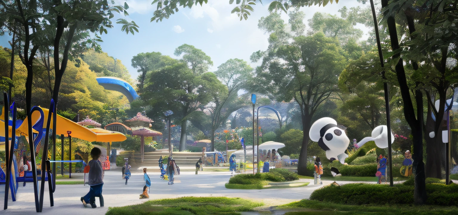 "(Best quality at best, 4K, A high resolution, tmasterpiece:1.2), ultra - detailed, actual:1.37, HighDynamicRange, Studio lighting, professional, vivd colour, bokeh, feng zhu, Environmental design illustration, award winning concept art, pandas, zezhou chen, Renders, Pixar render, a digital rendering, tian zi, Artiei Danxu, children playground, Surreal, concept-art, and the sun was shining brightly, anime film still"