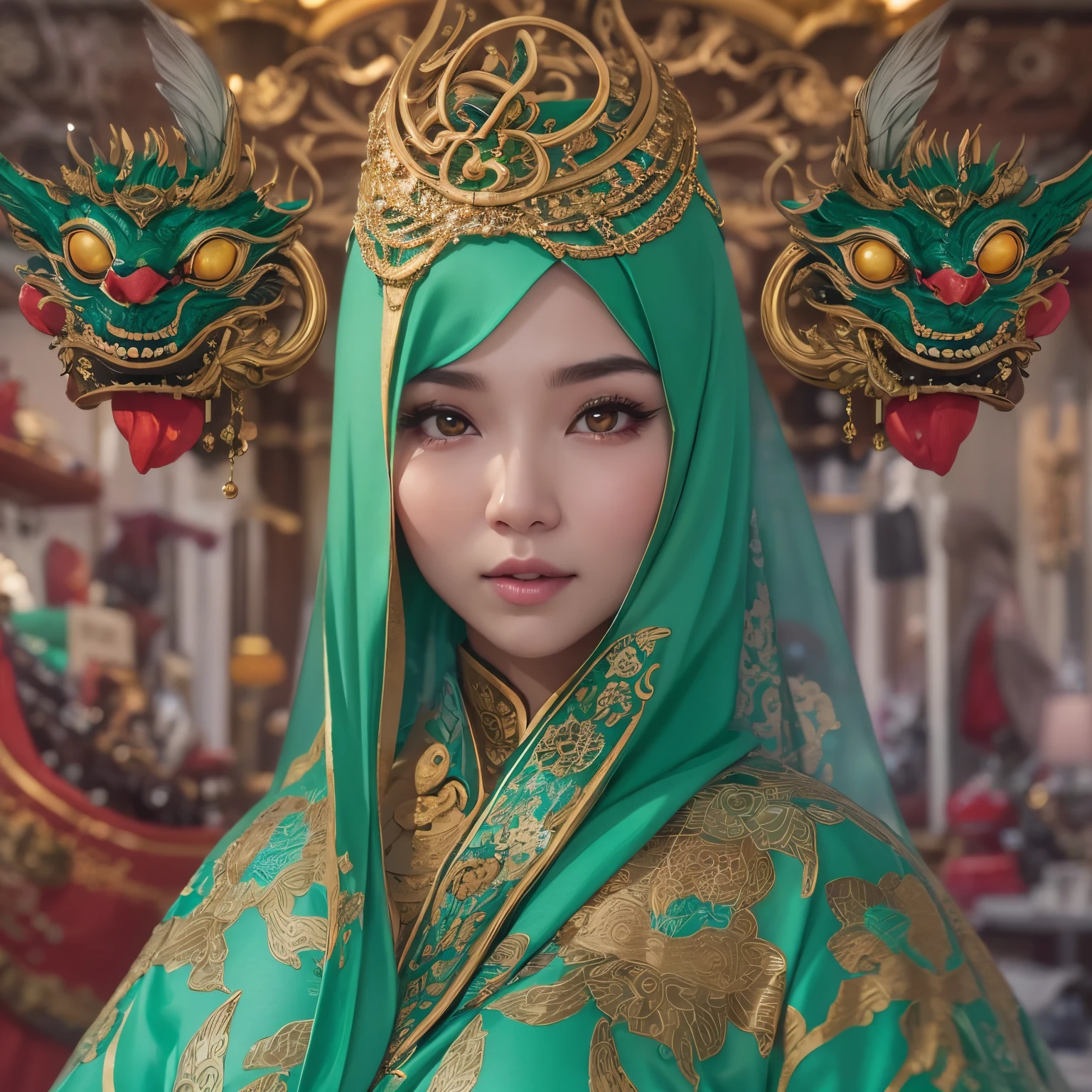 A mature, 30 year old, Malaysian woman. She wearing a light blue silken hijab, she has a lovely face and very large deep black eyes. She has enormous ??????? with substantial sag, chubby overall, hourglass figure, wide ???? and full thighs, and a big ????. She dressed in a transparent blue veil. A Chinese dragon coils around her sensually, caressing her ???? and ???????, its scales are alternating red and green with bright golden eyes. They are ina Christmas themed room. Show her from head to toe, full body shot