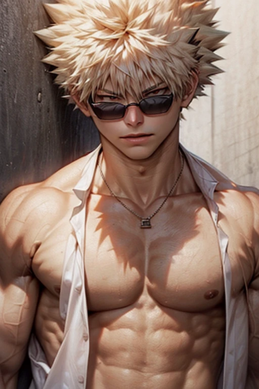 Bakugou Katsuki looking at the viewer with open shirt and muscular arms and body, wearing a necklace and sunglasses