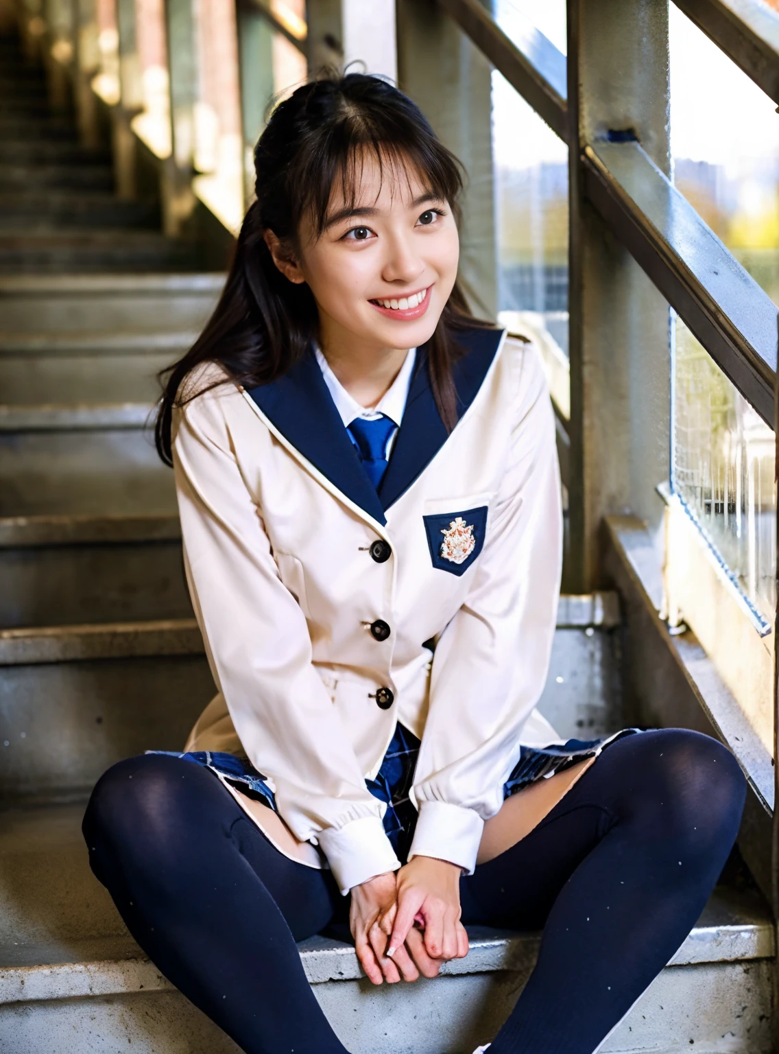 Cute girl in uniform sitting on the stairs, a hyperrealistic schoolgirl, a hyperrealistic schoolgirl, of a schoolgirl posing, Realistic Schoolgirl, Cute Schoolgirl, wearing japanese school uniform, Japan school uniform, wearing skirt and high socks, sakimichan hdri, japanese girl school uniform, shy looking down, Seifuku、eyes large、natural gentle smile、slightly drooping eyes、light skinned、Thin face、Japanese-style gentle face、shiny pink lips、Transparent skin、very stylish、beautiful girl in short socks、Hide your mouth with one hand、Sitting on the stairs, Spread your legs to the limit、 The white high leg full back pants are clearly visible..............、the hair flutters with the wind、Pubic hair is black、