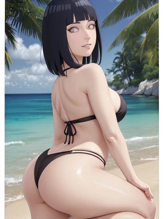 (papel de parede, Ass to camera looking back), (Hinata\(Boruto\), 4k, cabelo longos, Athletic body, coxas torneadas, Tiro de corpo inteiro, Mature female, (Curvy:0.8), sozinho, estilo anime, foco nítido, arte profissional, detalhes intrincados, fundo detalhado da praia, colorido, cores vibrantes, vivid colors, Mistura digital, corpo ultra detalhado, cabelo ultra detalhe, ultra detalhe face, trending on pixiv, cores muito quentes, dia ensolarado, ao ar livre, Detailed bold arm lines, high color saturation, linhas em negrito, linhas de desenho em negrito),
(Standing, boca fechada, sorriso gentil, extremamente feliz, Uppercut),
((cor do cabelo azul escuro:1.1), bikini)),
(olhos perfeitos, Sciera branco, olhos brilhantes, olhos brancos, olhos de anime, smoky eyeliner, somble branca, corpo esguio, MILF, umbigo, virilha, barriga chapada, rosto perfeito, coxas perfeitas),
(Coxas, Seios grande ultra detalhados, perna, seios grandes, ombros detalhados, linhas das axilas, (linhas de costela))