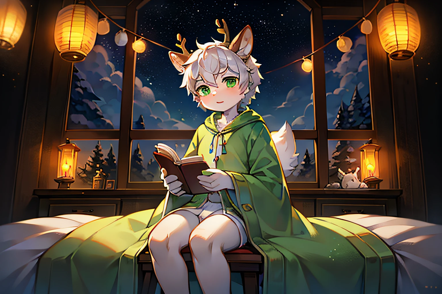 A white deer，Light green nightwear，pianos，sit on chair，natta，Green-eyed，lanterns，starrysky，stars shining bright，deer antlers，lookingat，Green decoration，grassy fields，Peach blossom tree，falling flower petals，White petal-shaped shell，Green robe，white color hair，sit on a bed，look out the window，themoon，lovely boy，shota，the only person，natta，As estrelas，holding a book in his hands，Gender ambiguity，looked at the moon