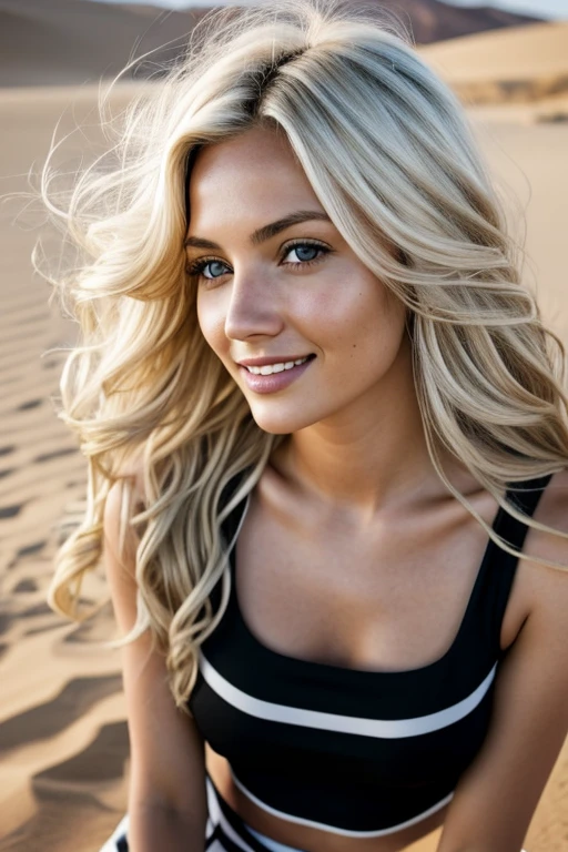 1girl in, age24, Solo, Long wavy hair, Colossal tits, long messy windy blonde hair, camera facing down at, at desert, standingon floor, taking support of black Jeep, looking up at camera, half smile, biting lip, blondehair, Full body, (extremely detailed 8k wallpaper), soft lighting, high quality, film grain, Fujifilm XT3 sharp focus, f 5.6, 50mm, High Detail, Sharp focus,(natural light), (seductive), knit sports top, thick stripes, pure black skirt, revealing, Realistic, A sexy