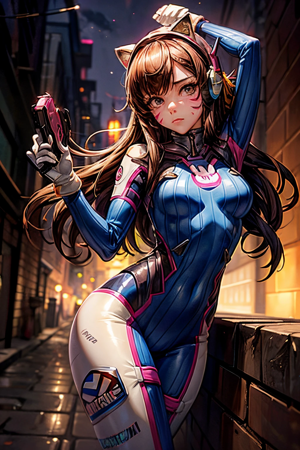 1girll, (D.va (Overwatch):0.8), Solo, Long hair, whisker markings, tightsuit, Brown hair, face markings, mitts, Breasts, Brown eyes, pilotsuit, Cowboy shot, Earphone, White gloves, Medium breasts, sweeping bangs, skin tight, Animal print, bangs, Bunny print, Ribbed one-piece tights, facepaint, Pink lips, leaning back against the wall, holding gun, Serious look, questionable,  caring, investigative, Dark Alley, Night, Night sky, Red light, (Silhouette, hard light:1.2),