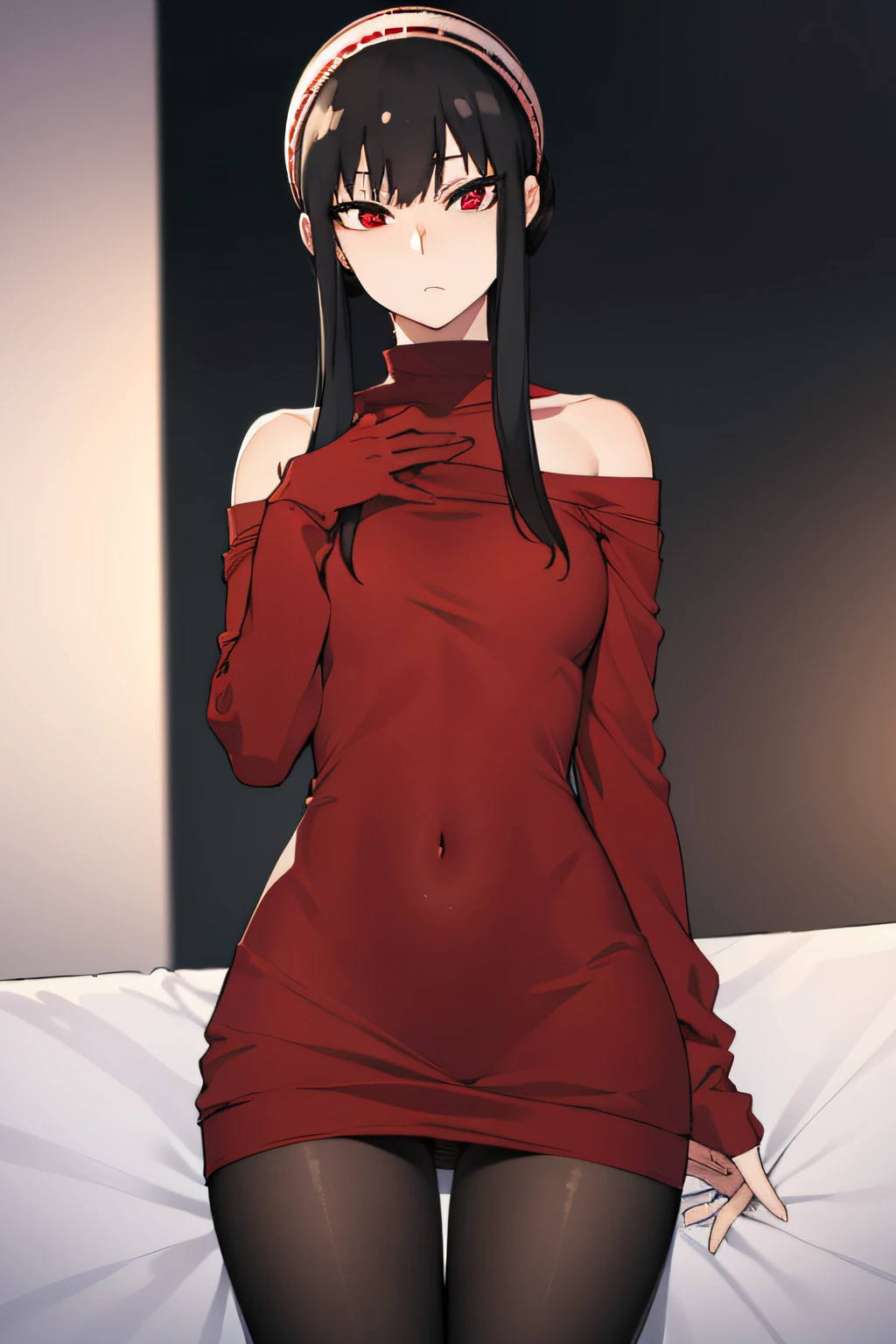 yorbriar, Yor Briar, Black hair, (Red Eyes:1.5), earrings, gold hairband, shairband, Long hair, side locks,
BREAK bare shoulders, 鎖骨, Covered navel, Dress, Long sleeves, off shoulders, Off shoulder dress, off-the-shoulder sweater, pantyhose, Red Sweater, Sweaters, sweater dress, thighs thighs thighs thighs,
BREAK outdoors, city,
BREAK looking at viewer, 
BREAK (masutepiece:1.2), Best Quality, High resolution, Unity 8k壁纸, (Illustration:0.8), (Beautiful detailed eyes:1.6), extra detailed face, Perfect Lighting, extremely details CG, (Perfect hands, Perfect Anatomy),