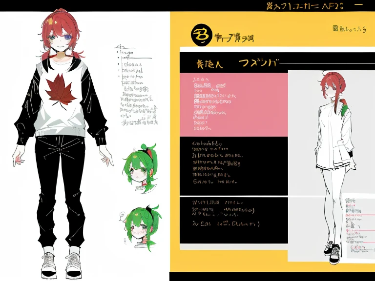 1girl in, ((Character information)、(Chara Leaf)、Type sheet, Character Sheets, Three types,Shot Full Body,Game Character Design,Colorful, Bright, hairlong, pony tail
