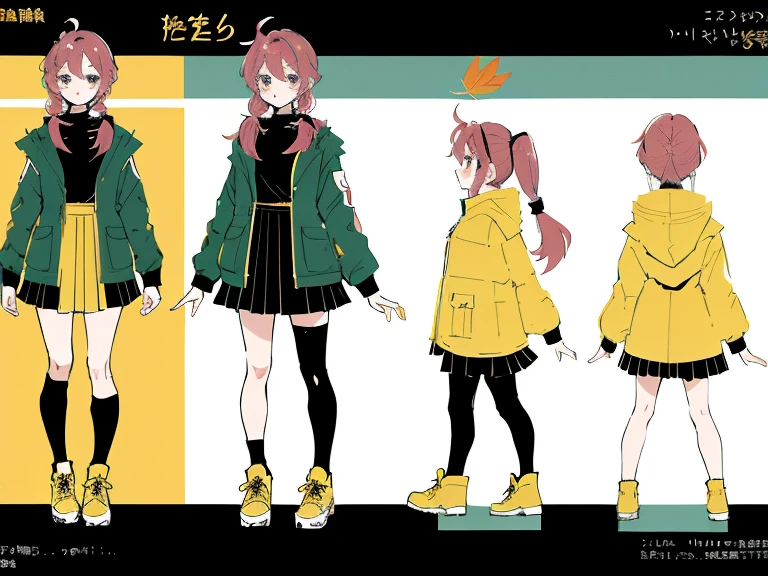 1girl in, ((Character information)、(Chara Leaf)、Type sheet, Character Sheets, Three types，Shot Full Body，Game Character Design，Colorful, Bright, hairlong, pony tail