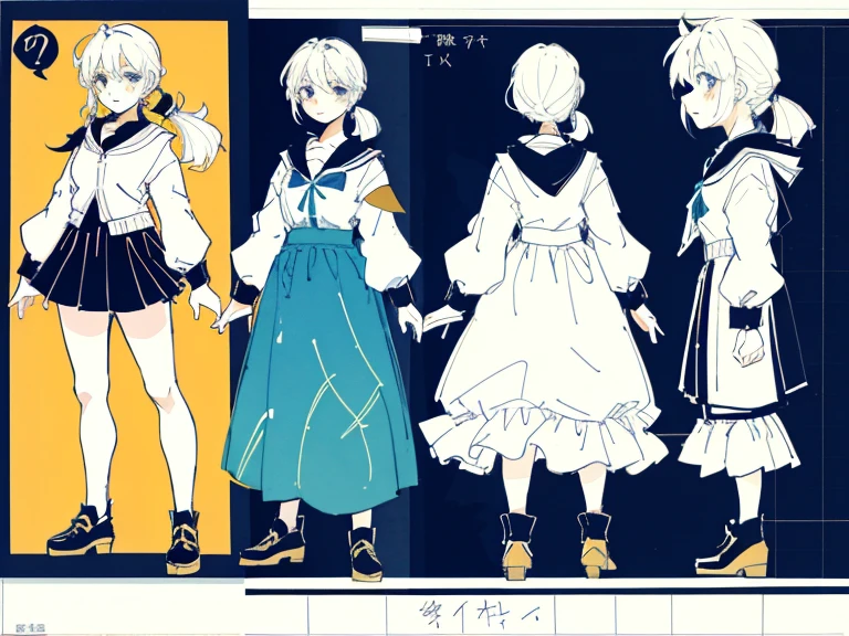 1girl in, ((Character information)、(Chara Leaf)、Type sheet, Character Sheets, Three types,Shot Full Body,Game Character Design,Colorful, Bright, hairlong, pony tail