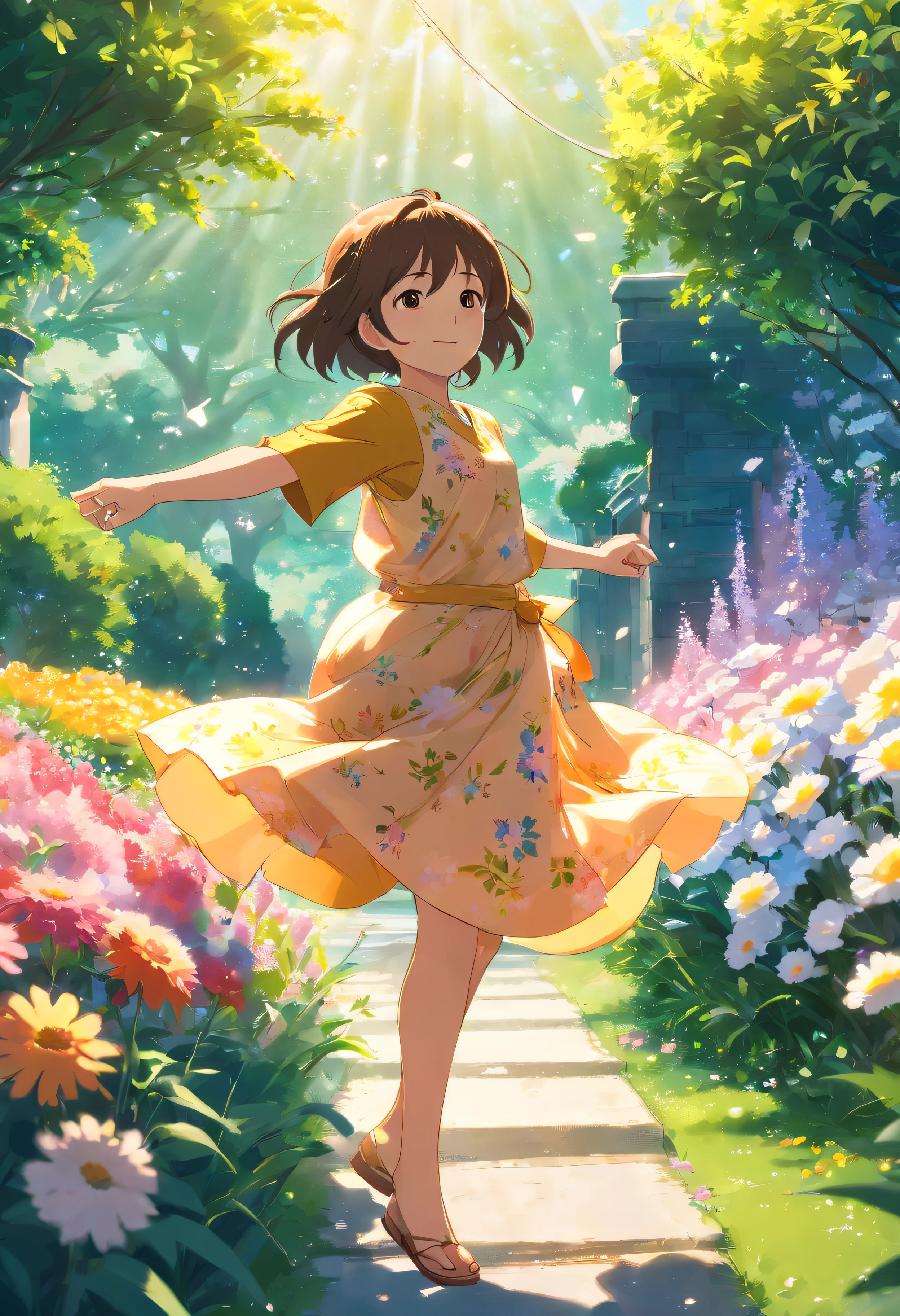 In the garden full of flowers, Under the sunlight, little girl dancing in floral skirt