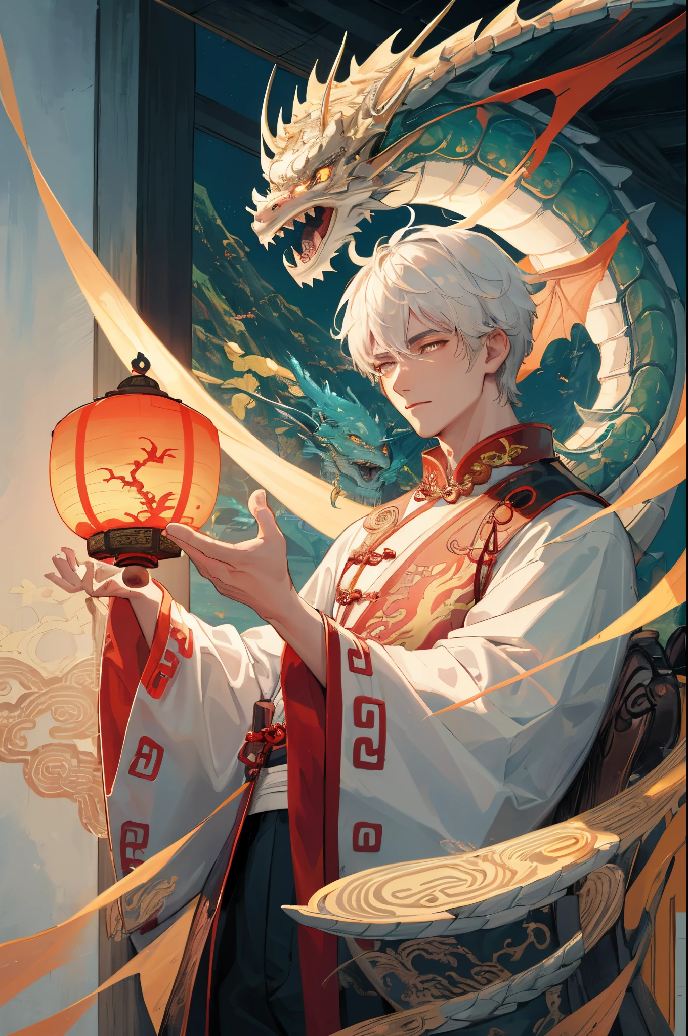 original, (masterpiece), (illustration), (extremely fine and beautiful),(extremely detailed:1.15) ,(perfect details), (unity CG 8K wallpaper:1.05), (beautiful and clear background:1.25), (depth of field:0.7),(A handsome man),(detailed beautiful eyes:1.15), (detailed beautiful face:1.35), (Buddha's light shines back:0.9),(tower:1.1),(Red and yellow and cassock: 1.25),(golden and white eye:0.9),(Early in the morning),(close-up:0.35),tree, china,(mountain:0.9),(fantasy:0.85),(legendary Dragon King king:1.35),(Chinese dragon:1.25),(beautiful detailed glow),(fog:0.9), traditional chinese painting(Chinese wind:1.1), 1boy, chinese man, chinese clothes, hanfu,1male