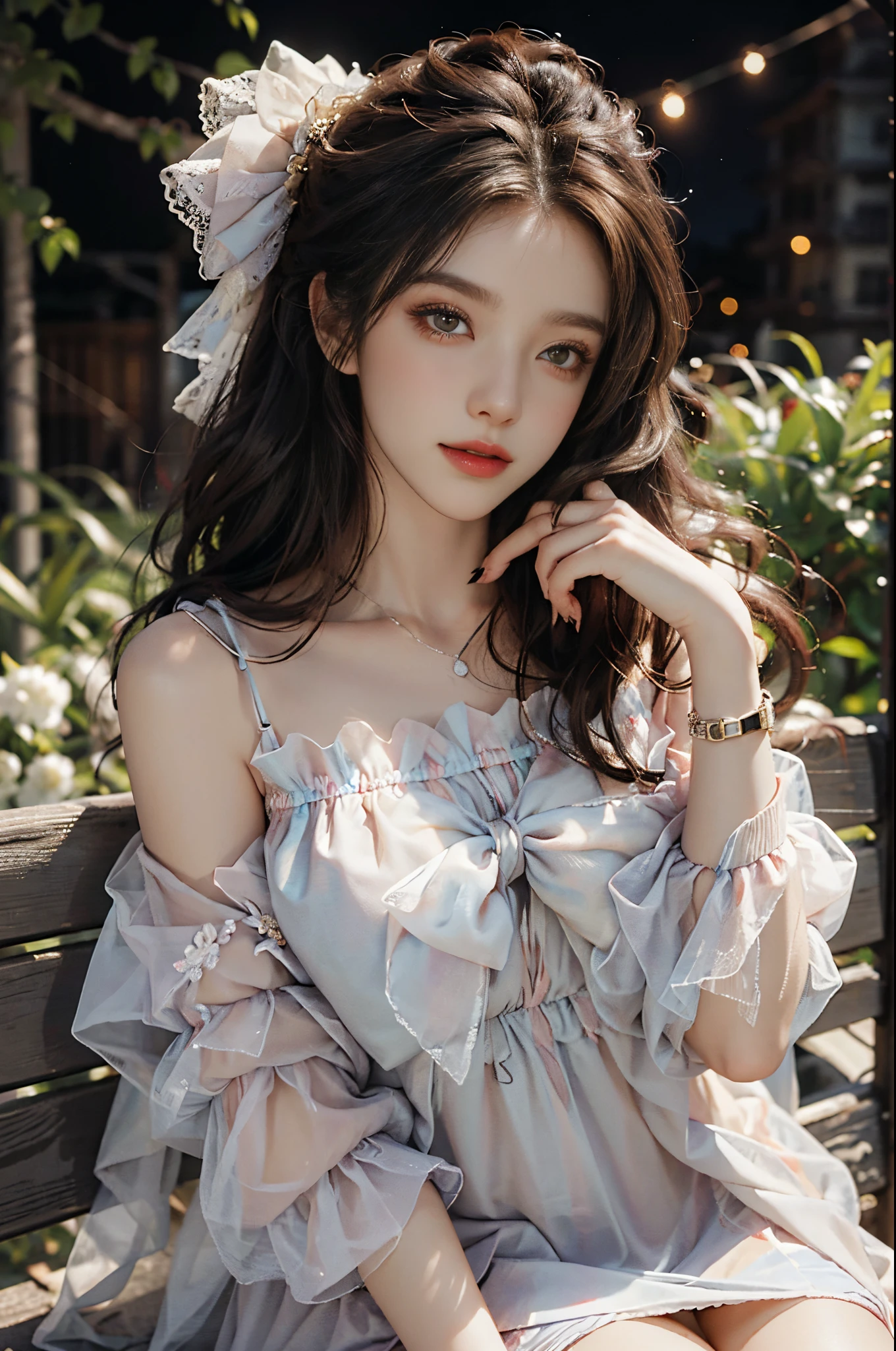 Sweet girl clothes7,skirt, fashi-girl, red lips, mature female, makeup, Big eyes, Pretty eyes, ((full body)), ((Random shooting angles)), (best quality, masterpiece:1.2), ultra-detailed, (realistic:1.37), beautiful, youthful, glamorous model with (detailed eyes, detailed lips, extremely detailed eyes), with white and floral colors, showcasing a radiant smile, creating a breathtaking depiction of a girl, Warm tones, extremely high color saturation, official art, extremely detailed CG unified 8k wallpaper,(High dynamic range :1.4), (cinematic),(soft colors, dull colors, soothing tones :1.3), (natural skin texture, ultra-realistic, soft light, sharp),(very detailed), Night, moonlight, In an antique pavilion, sit on a bench against the guardrail