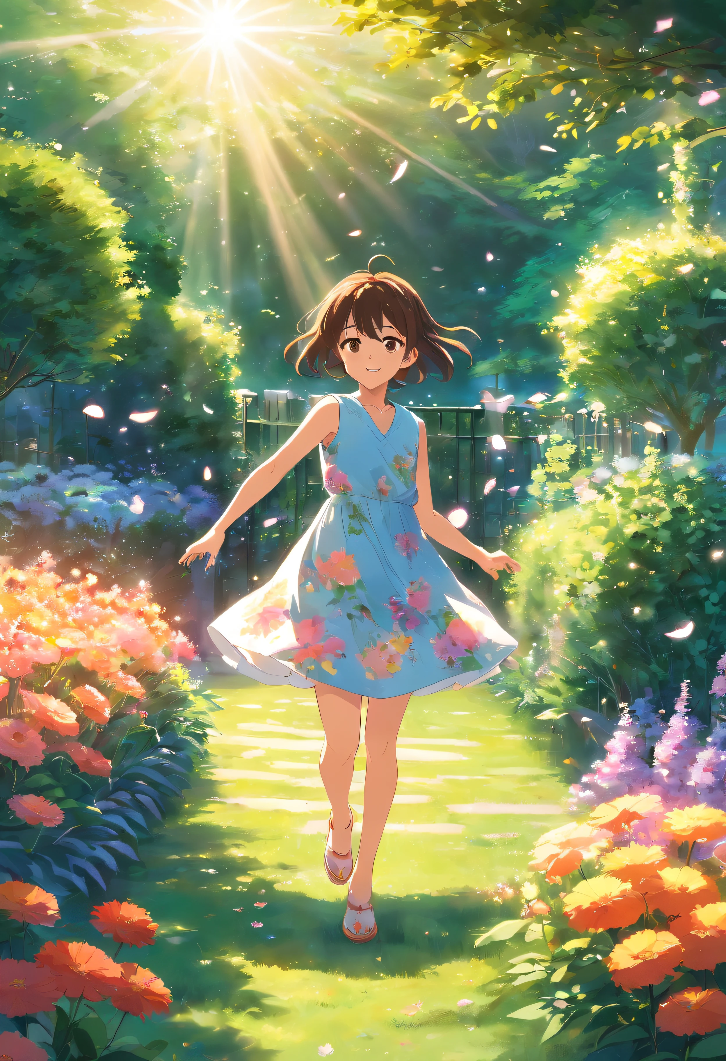 In the garden full of flowers, Under the sunlight, girl dancing in floral skirt