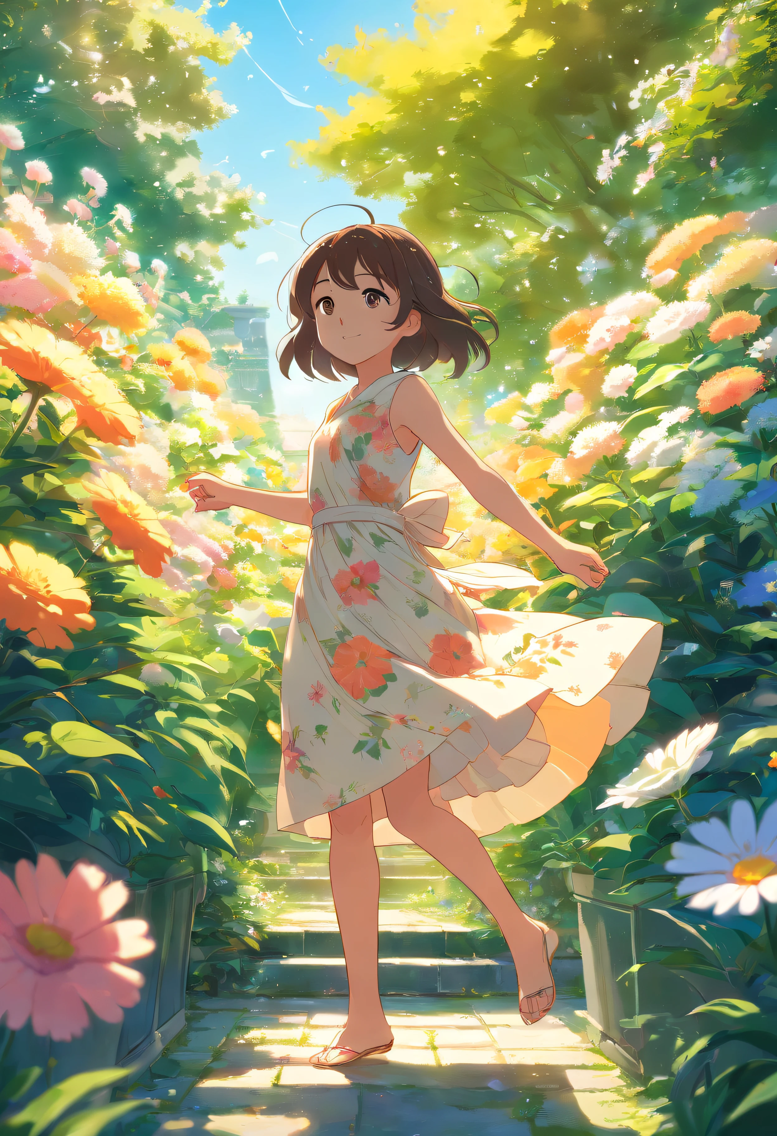 In the garden full of flowers, Under the sunlight, little girl dancing in floral skirt