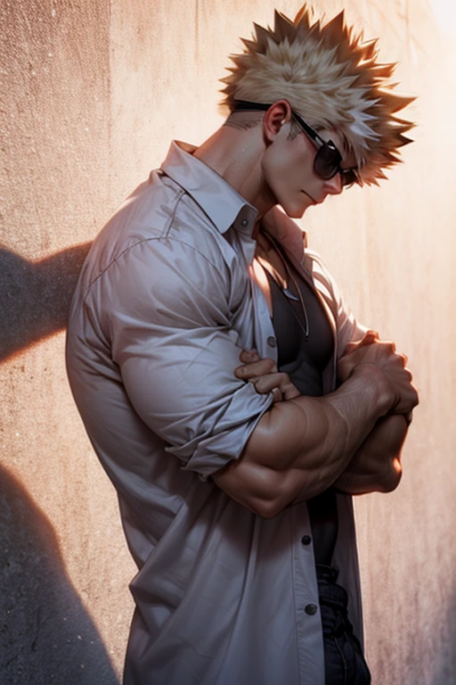 Side view full body of Bakugou Katsuki looking at the viewer with ((open shirt)) and muscular arms and body, wearing a necklace and sunglasses