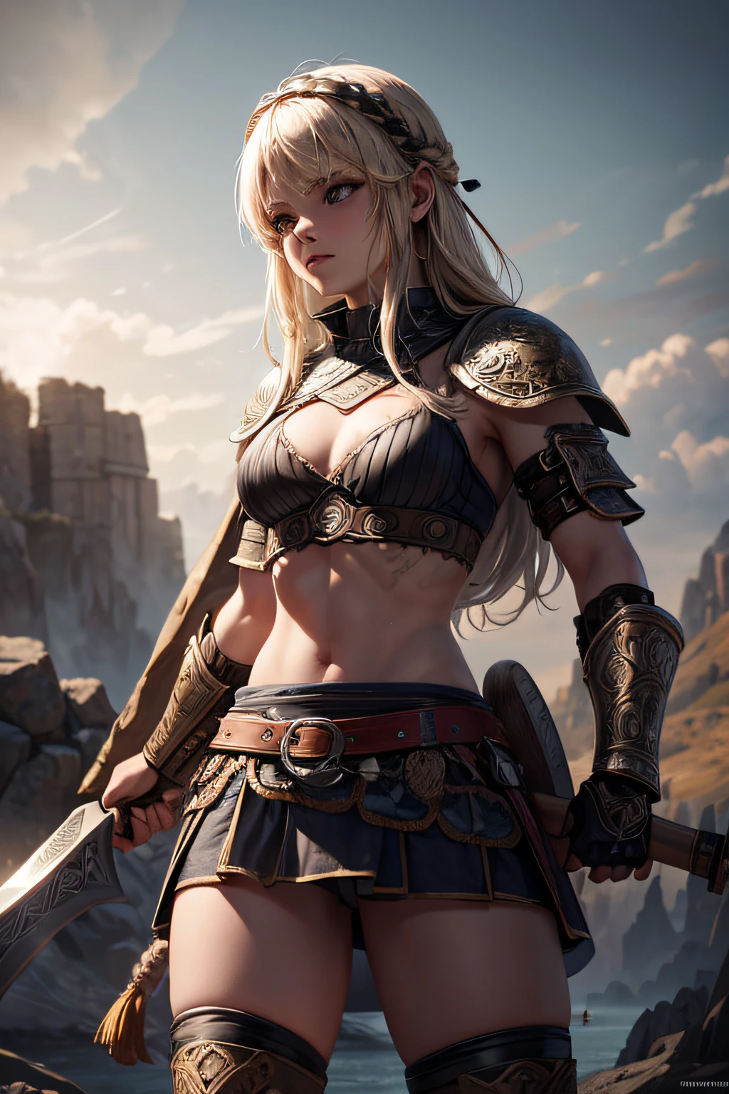 young viking girl, ancient viking warrior, wielding an axe, evil look,,combat stance, facepaint, bodypaint, sexi, small breasts, ancient viking battle dress and armor, blonde hair, sea in background, highly detailed, vibrant appearance, creative behavior, extremly detailed, imaginative, sensual, spontaneous, highest quality, skin texture, intricate details, (cinematic lighting), RAW photo, 8k, masterpiece,best quality,ultra-detailed,very detailed illustrations,extremely detailed,intricate details,highres,super complex details,extremely detailed 8k cg wallpaper,