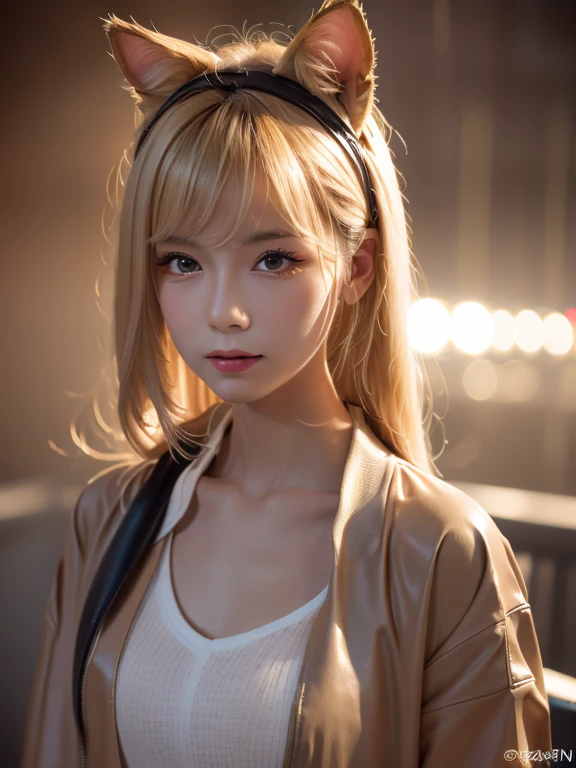 1girl, blond hair,  cat_ears, animal_ears, solo, dark_skin, tan_skin, foggy neon futuristic,  summer jacket, sakura falling, portrait style, looking_at_viewer, cinematic lighting,  eyeliner, makeup, emotional,  highly detailed, wide shot, sharp focus,    ring light, rim lighting, octane render, ring light, rim lighting, nvinkpunk, samdoesarts