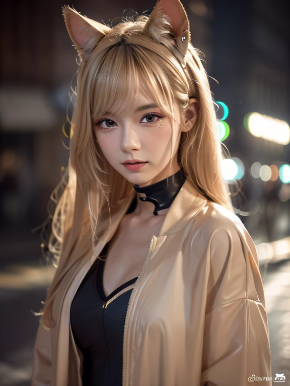 1girl, blond hair,  cat_ears, animal_ears, solo, dark_skin, tan_skin, foggy neon futuristic,  summer jacket, sakura falling, portrait style, looking_at_viewer, cinematic lighting,  eyeliner, makeup, emotional,  highly detailed, wide shot, sharp focus,    ring light, rim lighting, octane render, ring light, rim lighting, nvinkpunk, samdoesarts