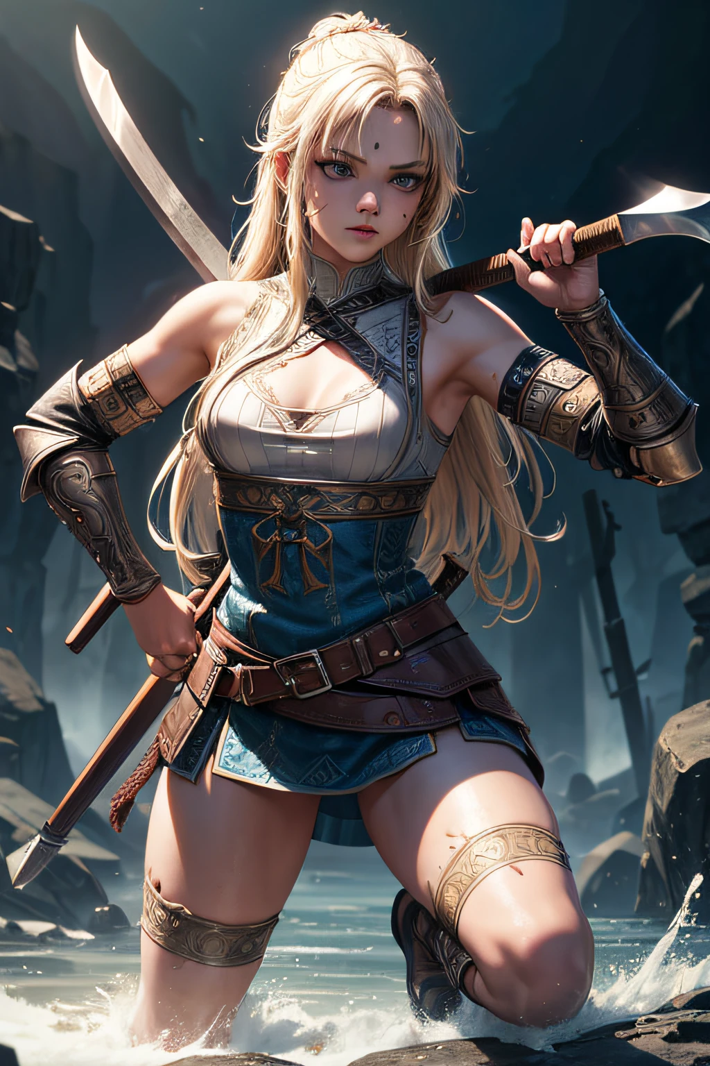 young viking girl, ancient viking warrior, wielding an axe, evil look,,combat stance, facepaint, bodypaint, sexi, small breasts, ancient viking battle dress and armor, blonde hair, sea in background, highly detailed, vibrant appearance, creative behavior, extremly detailed, imaginative, sensual, spontaneous, highest quality, skin texture, intricate details, (cinematic lighting), RAW photo, 8k, masterpiece,best quality,ultra-detailed,very detailed illustrations,extremely detailed,intricate details,highres,super complex details,extremely detailed 8k cg wallpaper,