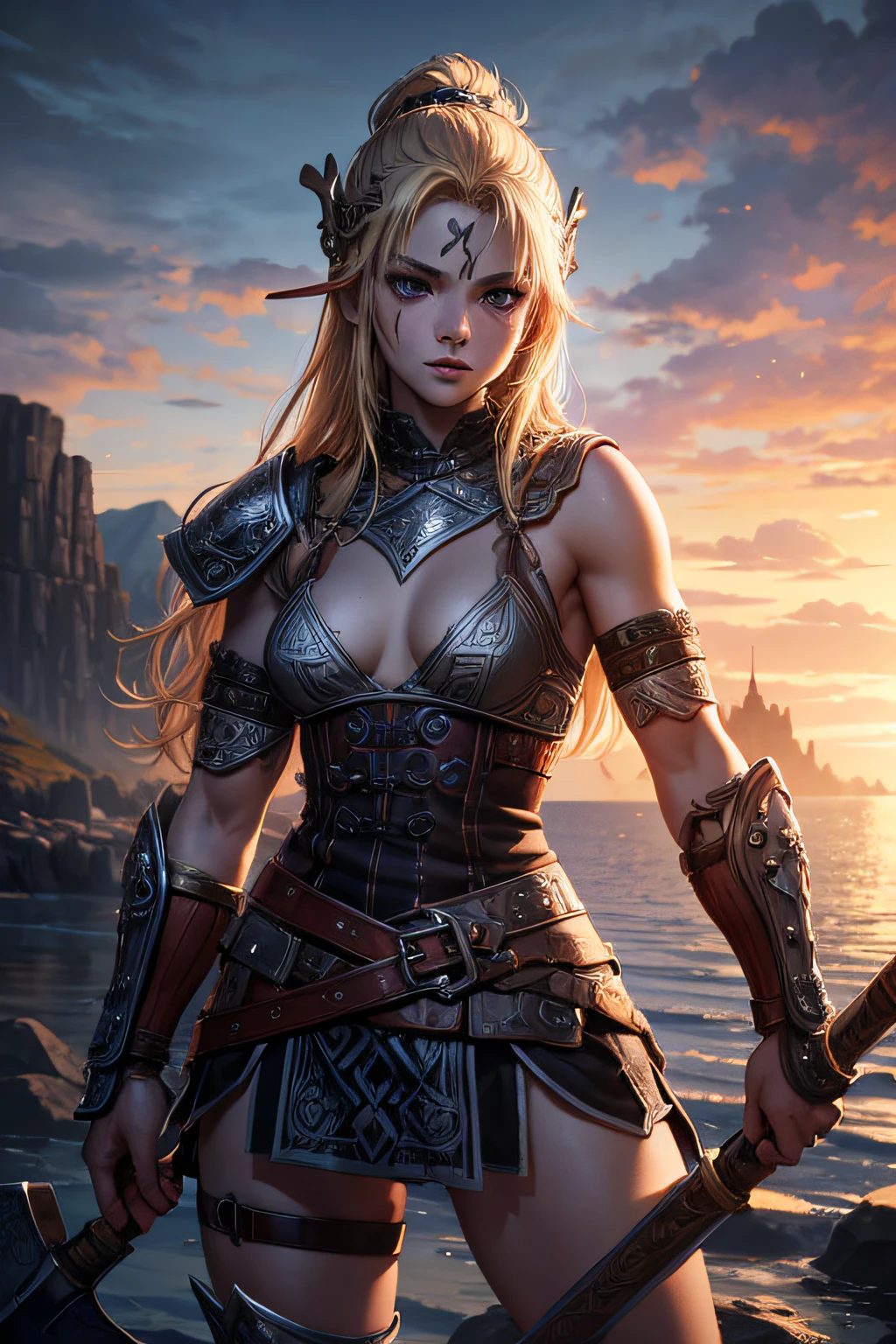 young viking teen girl, ancient viking warrior, wielding an axe,  evil look,,combat stance, facepaint, bodypaint, sexi, small ???????, ancient viking battle dress and armor, blonde hair, sea in background, highly detailed, vibrant appearance, creative behavior, extremly detailed, imaginative, sensual, spontaneous, highest quality, skin texture, intricate details, (cinematic lighting), RAW photo, 8k, masterpiece,best quality,ultra-detailed,very detailed illustrations,extremely detailed,intricate details,highres,super complex details,extremely detailed 8k cg wallpaper,