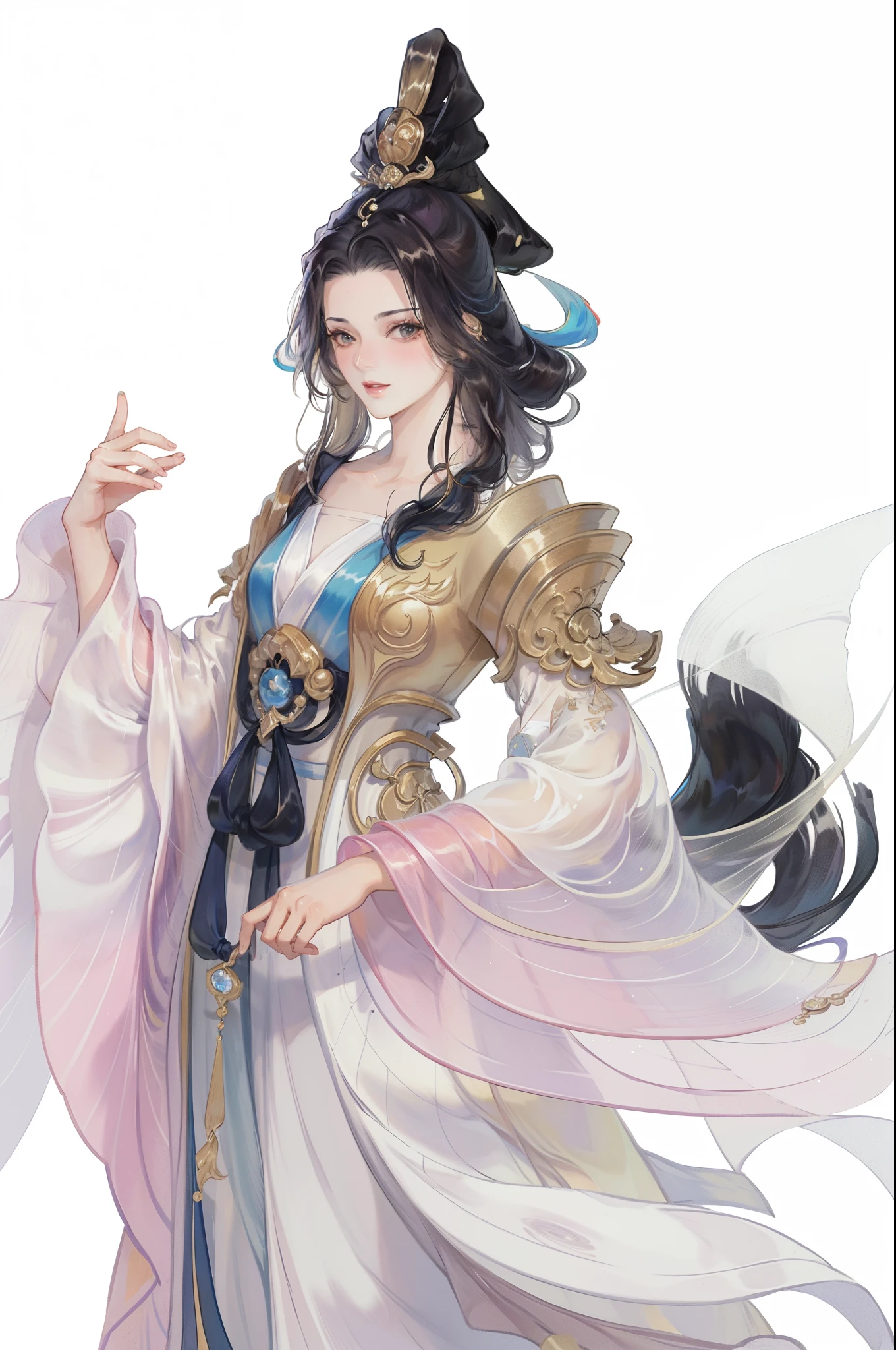 Best quality at best, 超高分辨率, (((1 girl))),(Long black hair), game fairy, Old palace, Hanfu, Yarn, Flowing light yarn, jewelry, (focal), (((Colorful))),(sketching:0.8) , tmasterpiece, Best quality at best, beautiful painted, meticuloso,(Denoising:0.6), highly detailed, (tmasterpiece, Best quality at best) CG unified 8K wallpaper,tmasterpiece,Best quality,ultra - detailed), Super HD picture quality,Clear face