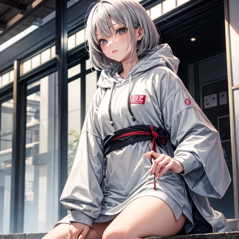 Gray hair Japanese woman in her 20s Gray colored contact lenses White baggy hoodie Background Tokyo Figure playing with a cell phone Cute