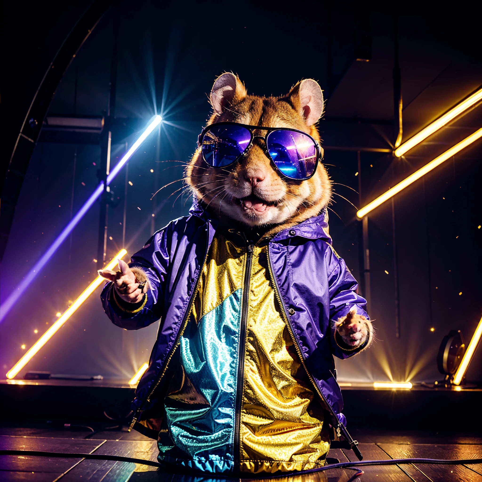 A hamster, the hamster  wearing golden clothes, holding a microphone, wearing sunglasses, performing a concert, looks hype, fire works, purple and blue neon lights, high quality, high detail, 8k