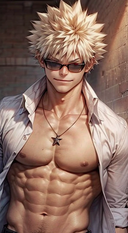 Bakugou Katsuki looking at the viewer with open shirt and muscular arms and body, wearing a necklace and sunglasses, smirking