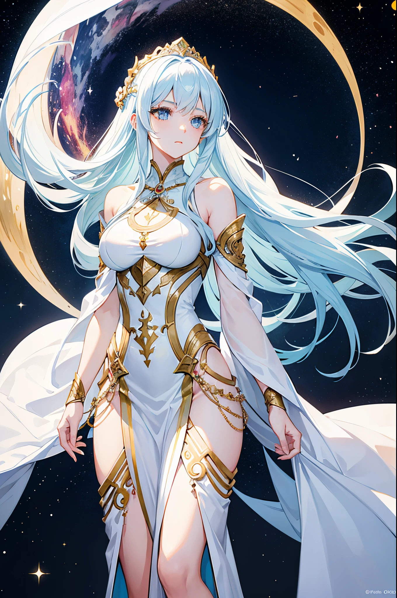 Woman. woman. 1-women. One woman. A woman. A Goddess in typical all-white Goddess attire. An Aeon . The Goddess of . Long white hair and light sky blue eyes. Background of a starry galaxy with giant clocks. Goddess of time and space. Upper body. Half body potrait. Hair accessories. Beautiful hair style. Cool woman. Authoritative women. Cool and strong aura. Aesthetics. Mysterious. Very beautiful.
