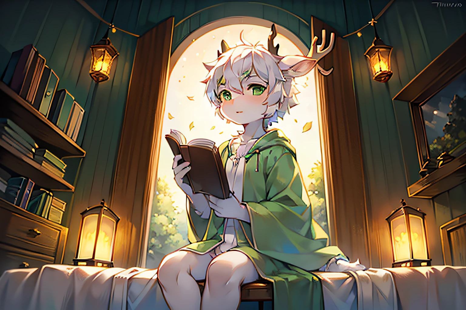 A white deer，Light green nightwear，pianos，sit on chair，natta，Green-eyed，lanterns，starrysky，stars shining bright，deer antlers，lookingat，Green decoration，grassy fields，Peach blossom tree，falling flower petals，White petal-shaped shell，Green robe，white color hair，sit on a bed，look out the window，themoon，lovely boy，shota，the only person，natta，As estrelas，holding a book in his hands，Gender ambiguity，looked at the moon ，raised head，back to look back，