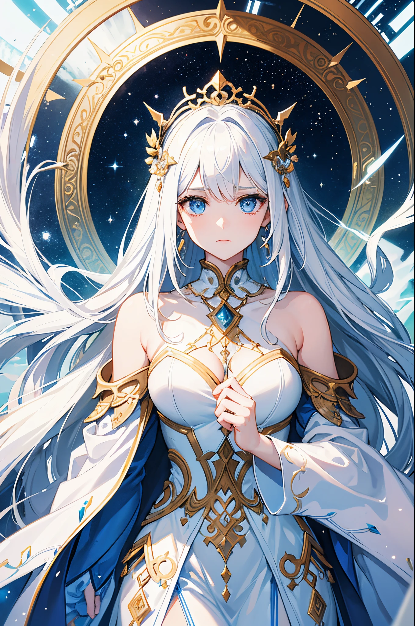 Woman.  woman. 1-women. One woman. A woman. A Goddess in typical all-white Goddess attire. An Aeon . The Goddess of . Long white hair and light sky blue eyes. Background of a starry galaxy with giant clocks. Goddess of time and space. Upper body. Half body potrait. Hair accessories. Beautiful hair style. Cool woman. Authoritative women. Cool and strong aura. Aesthetics. Mysterious. Very beautiful.