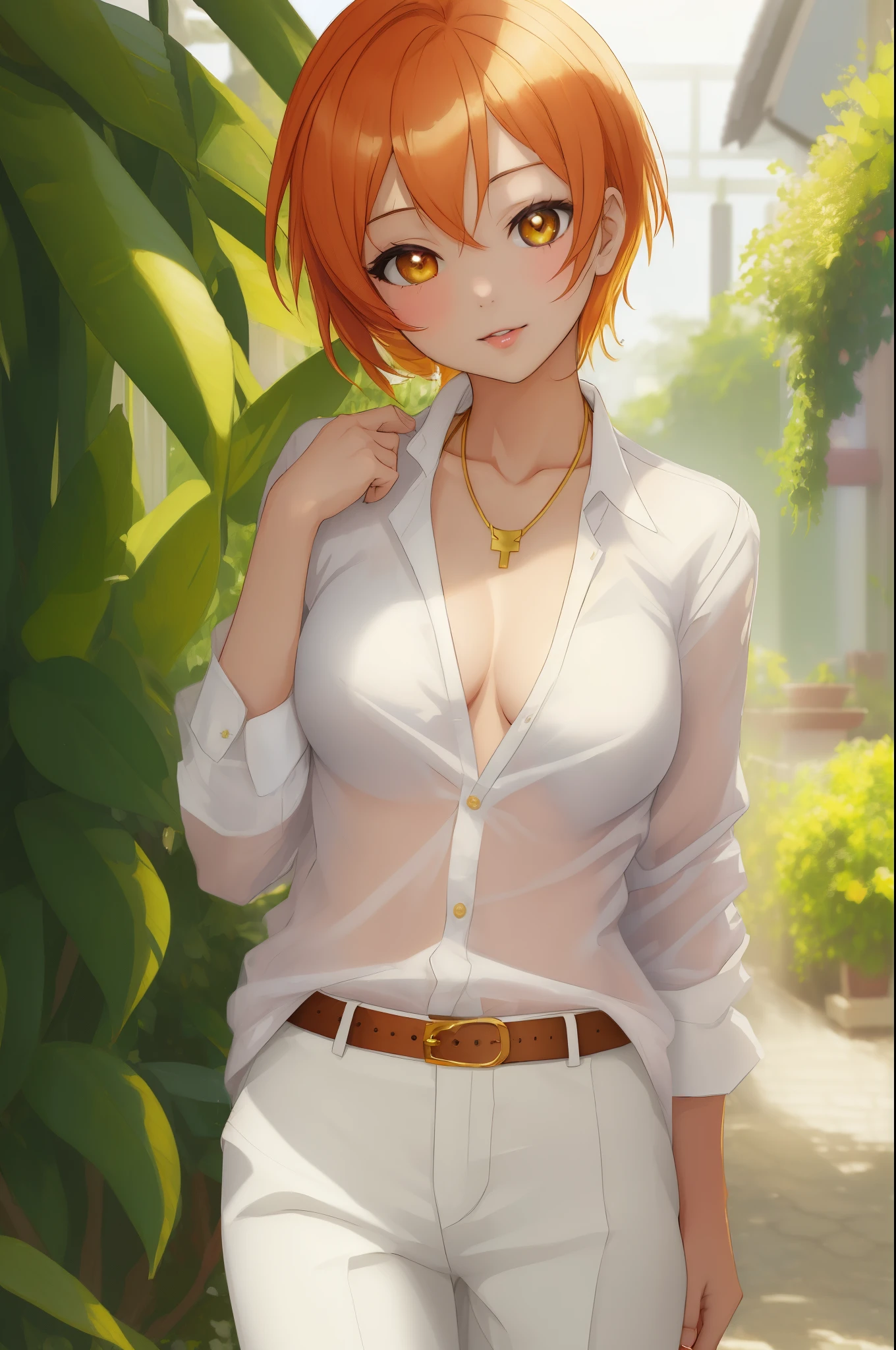 ((Masterpiece)), 8k wallpaper,sksrin, Hoshizora rin,beautiful female model, white shirt,unbottoned shirt, stylish pants, golden necklace, glossy lips, glossy skin,outdoors in garden