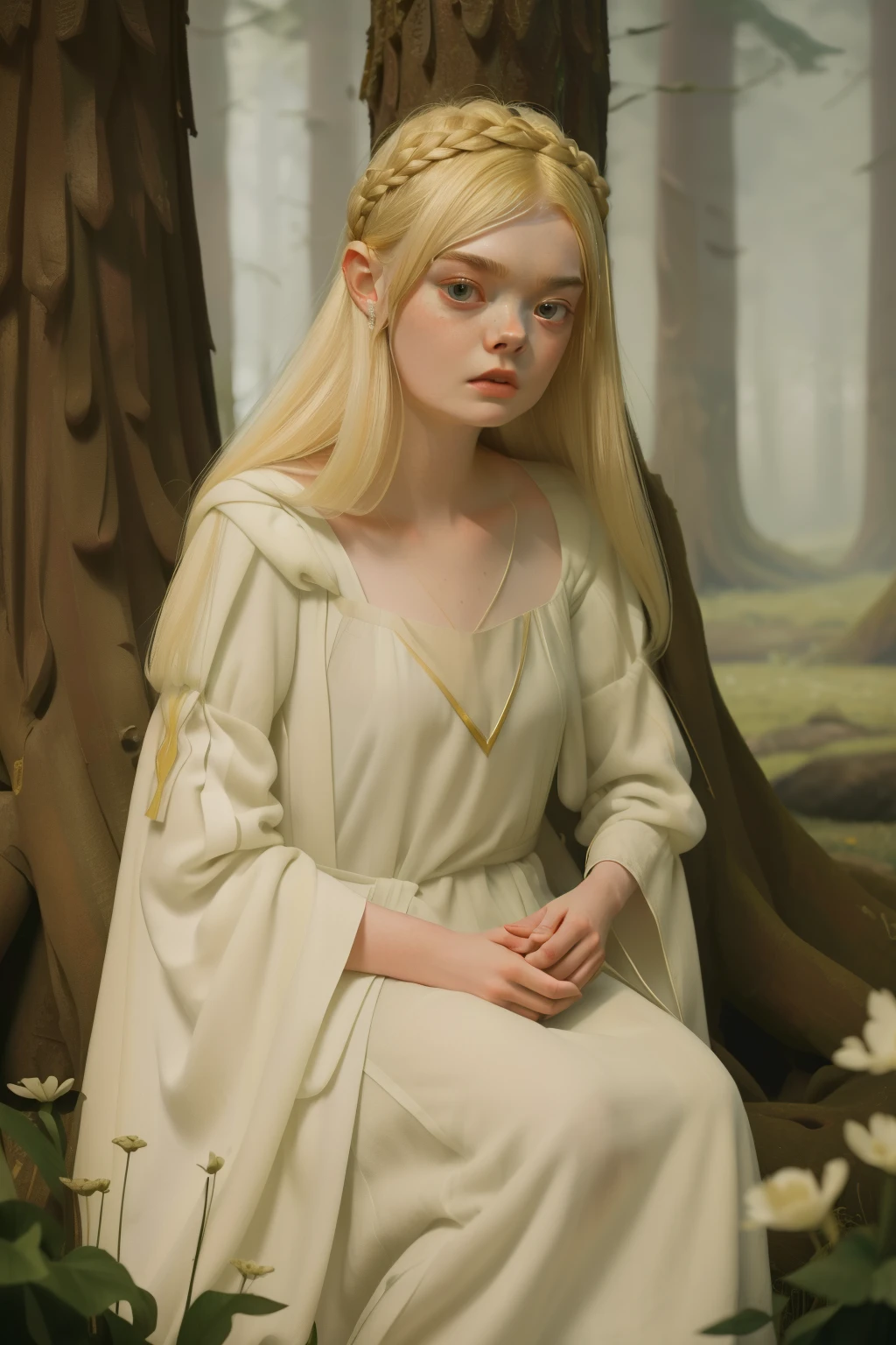 1135, England. otherworldly scene in a forest, ((((17-year-old)) Elle Fanning)), sad and smug look, telling her story, ((((poor plain tunic gown from the 12th century)))), ((Hairstyle of the 12th century)), ((Wes Anderson cinematic style)), colorful