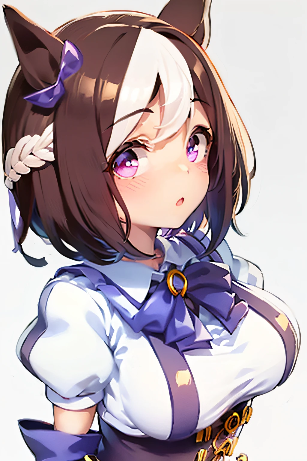 special_week_\(Umamusume)、bow ribbon、bow ribbon、bow ribbon、corset luffy chest、high-school uniform、The upper part of the body、(Refers to the viewer:1.3)、Happiness、(White background:1.5)、(front-facing view:1.3)