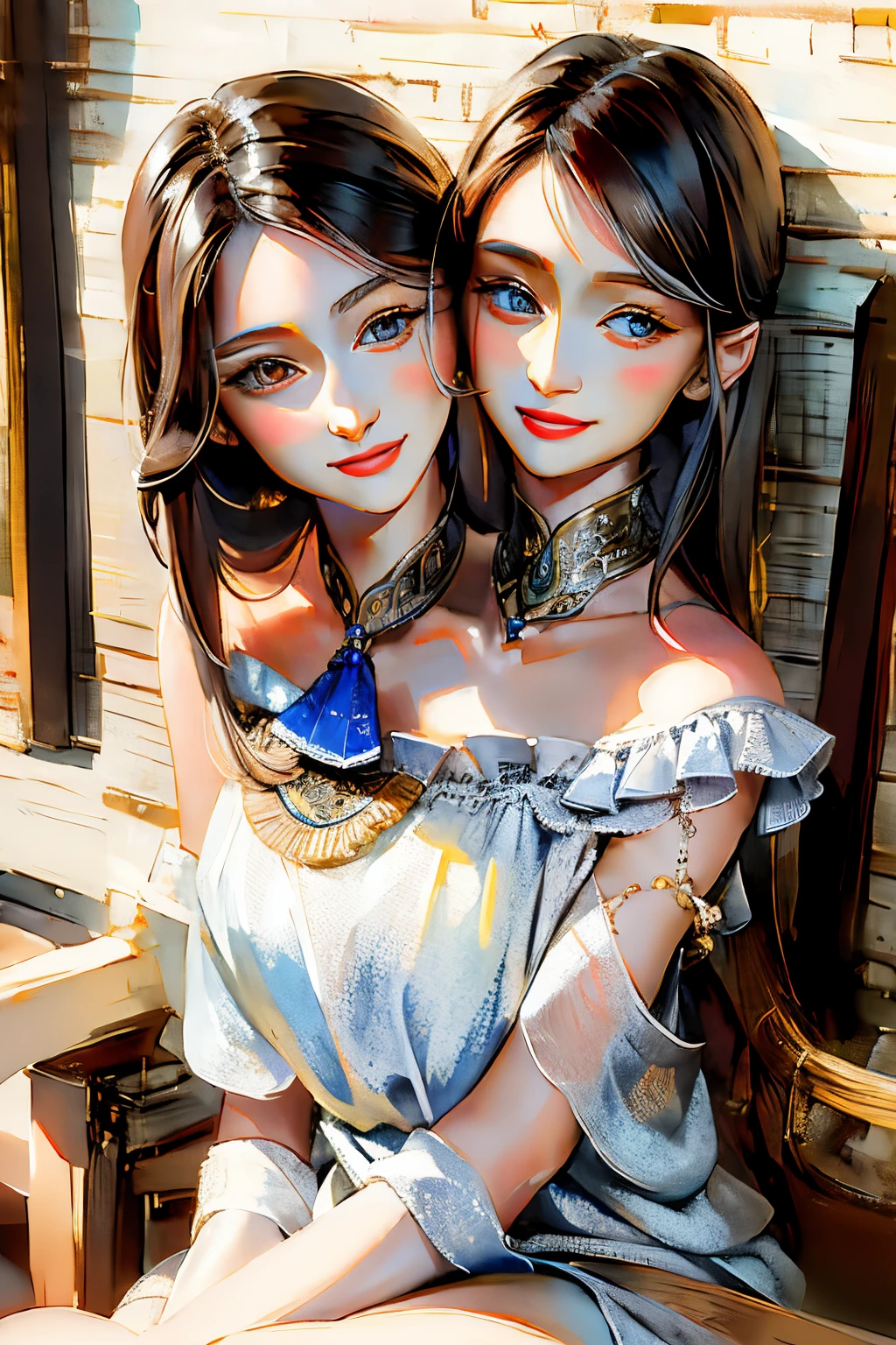 (masterpiece:1.2, best quality), (two heads), (2heads:1.5), (real picture, intricate details), 1lady, solo, upper body, casual, long hair, minimal makeup, natural fabrics, close-up face, smile, home