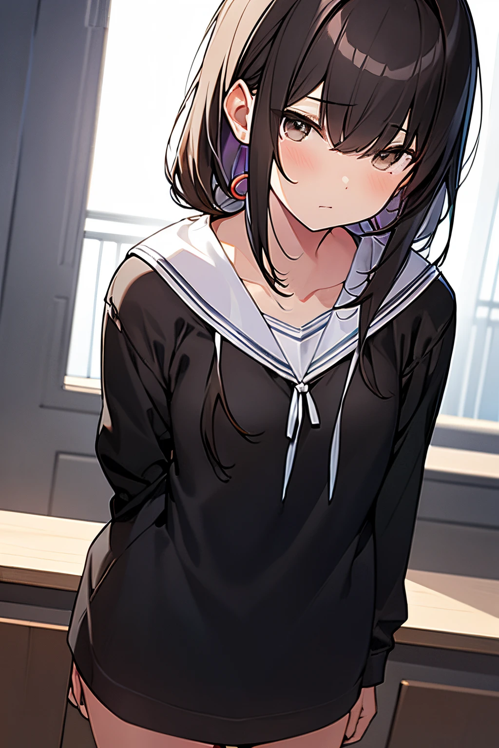 Clean Digital Art、Top image quality、The work of the master、cute little、White muscle、cabelos preto e longos、brown-eyed、deadpan、(Downer Girl)、(student clothes)
