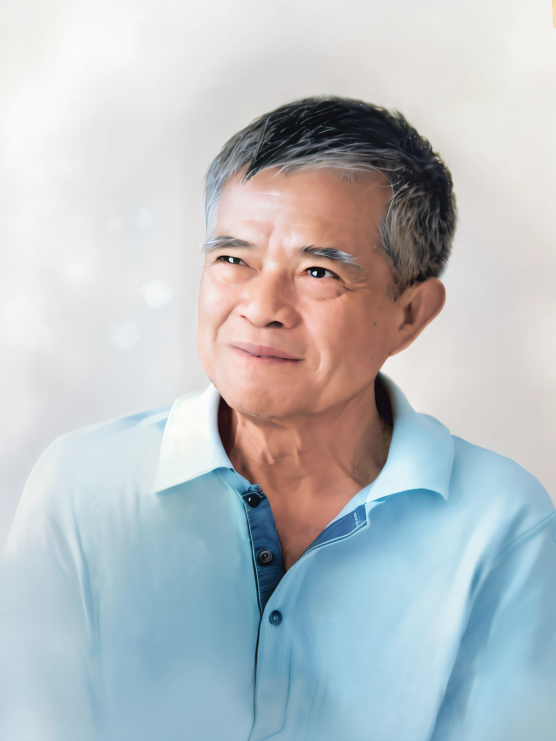 (man in light blue suit, Short-sleeved polo shirt, looking at the camera, with a little smile, kind, Reminiscent of an old man, Light coming from the left, bright white background, Both black hair and white hair)