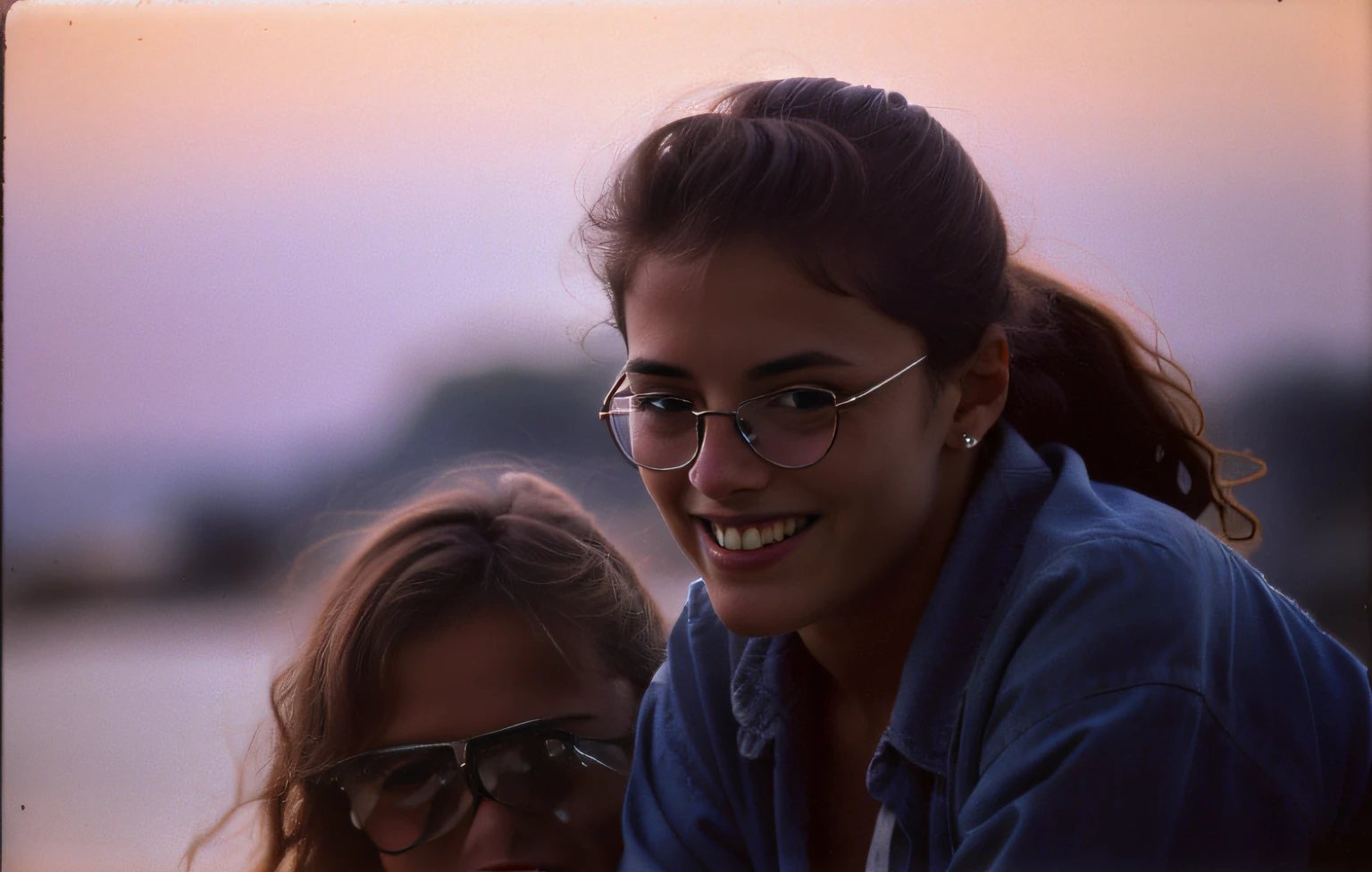 smiling girl 20 yo with glasses sitting next to a woman, young greek girl, taken in the late 1980s, , frank fanzzeta, profile shot, farid ghanbari, portrait image, photo from the 7 0 s, photo from the 70s, photo portrait