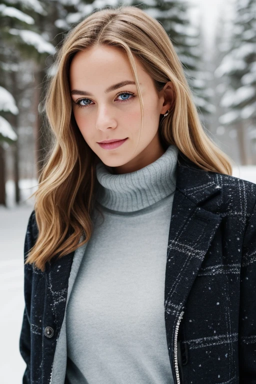 1girl in, age24, Solo, Long wavy hair, Colossal tits, long messy windy blonde hair, camera facing down at, at snowy area, standingon floor,with husky dog, looking up at camera, half smile, biting lip, blondehair, Full body, (extremely detailed 8k wallpaper), soft lighting, high quality, film grain, Fujifilm XT3 sharp focus, f 5.6, 50mm,  High Detail, Sharp focus,(natural light), (seductive), whit turtleneck, thick stripes, pure black jacket, black heels and jeans revealing, Realistic, A sexy