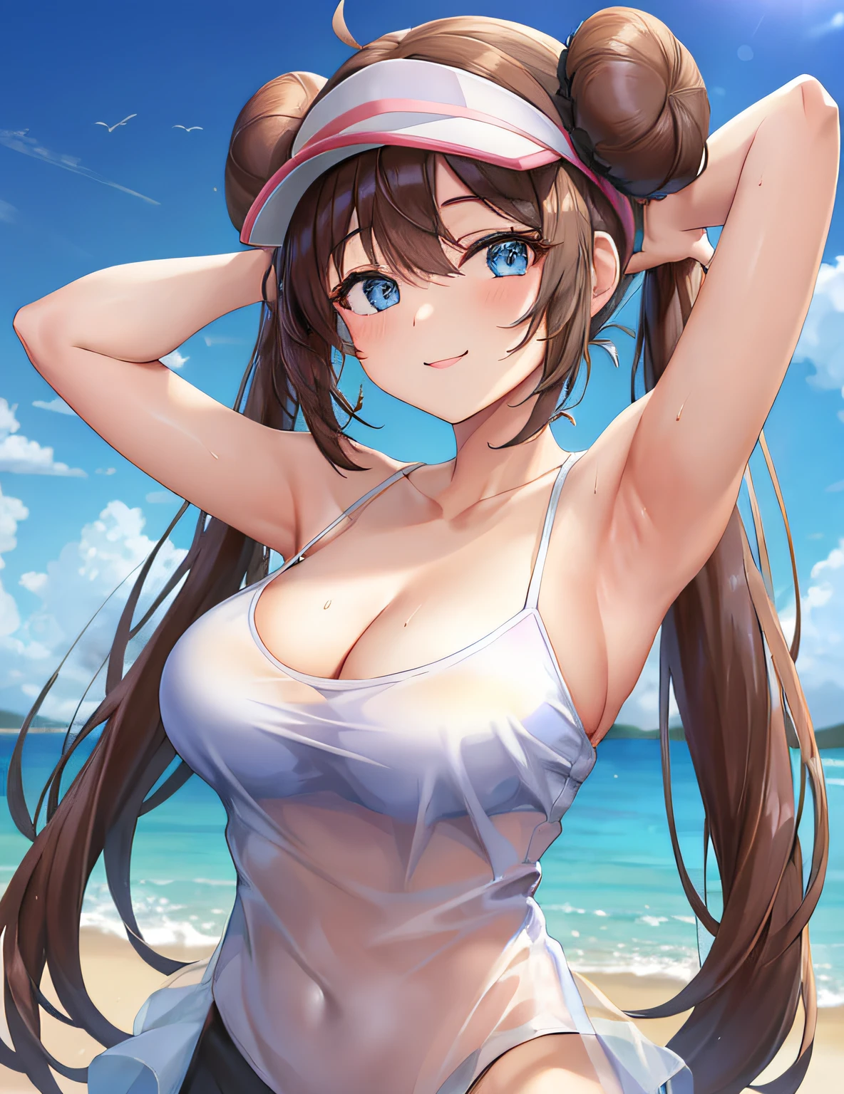 (masterpiece:1.3), (absurdres:1.3), (best quality:1.3), (ultra-detailed:1.3),(best shadow:0.7), (handled hair), perfect anatomy, 1girl, solo, rosa(pokemon), double bun, visor cap, hair bun, long_twintails, brown hair, blue eyes, hair between eyes, large breasts, sightly smile, nuisette, wearing a nuisette, see-through, see-through silhouette, revealing clothes, armpits,