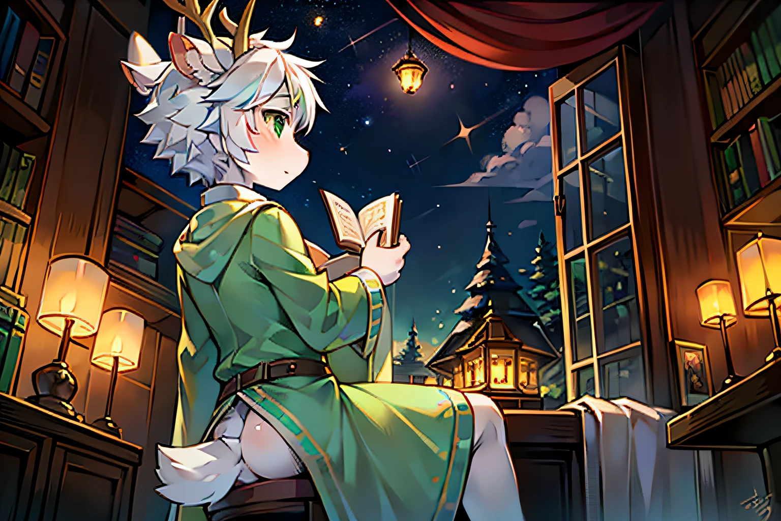 A white deer,Light green nightwear,pianos,sit on chair,natta,Green-eyed,lanterns,starrysky,stars shining bright,deer antlers,lookingat,Green decoration,grassy fields,Peach blossom tree,falling flower petals,White petals,Green robe,white color hair,book case,sit on a bed,look out the window,themoon,lovely boy,shota,the only person,natta,As estrelas,holding a book in his hands,Gender ambiguity,looked at the moon ,raised head,back to look back,