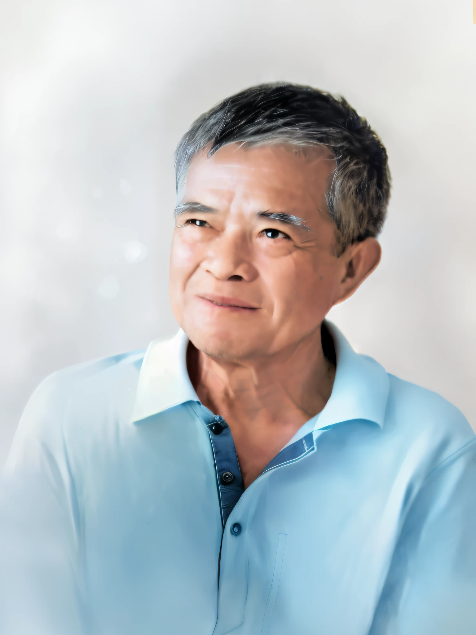 (man in a light blue suit, short-sleeved polo shirt, looking at the camera, with a slight smile, kind-looking, reminiscent of an old man, light coming from the left, bright white background, with both black and white hair)