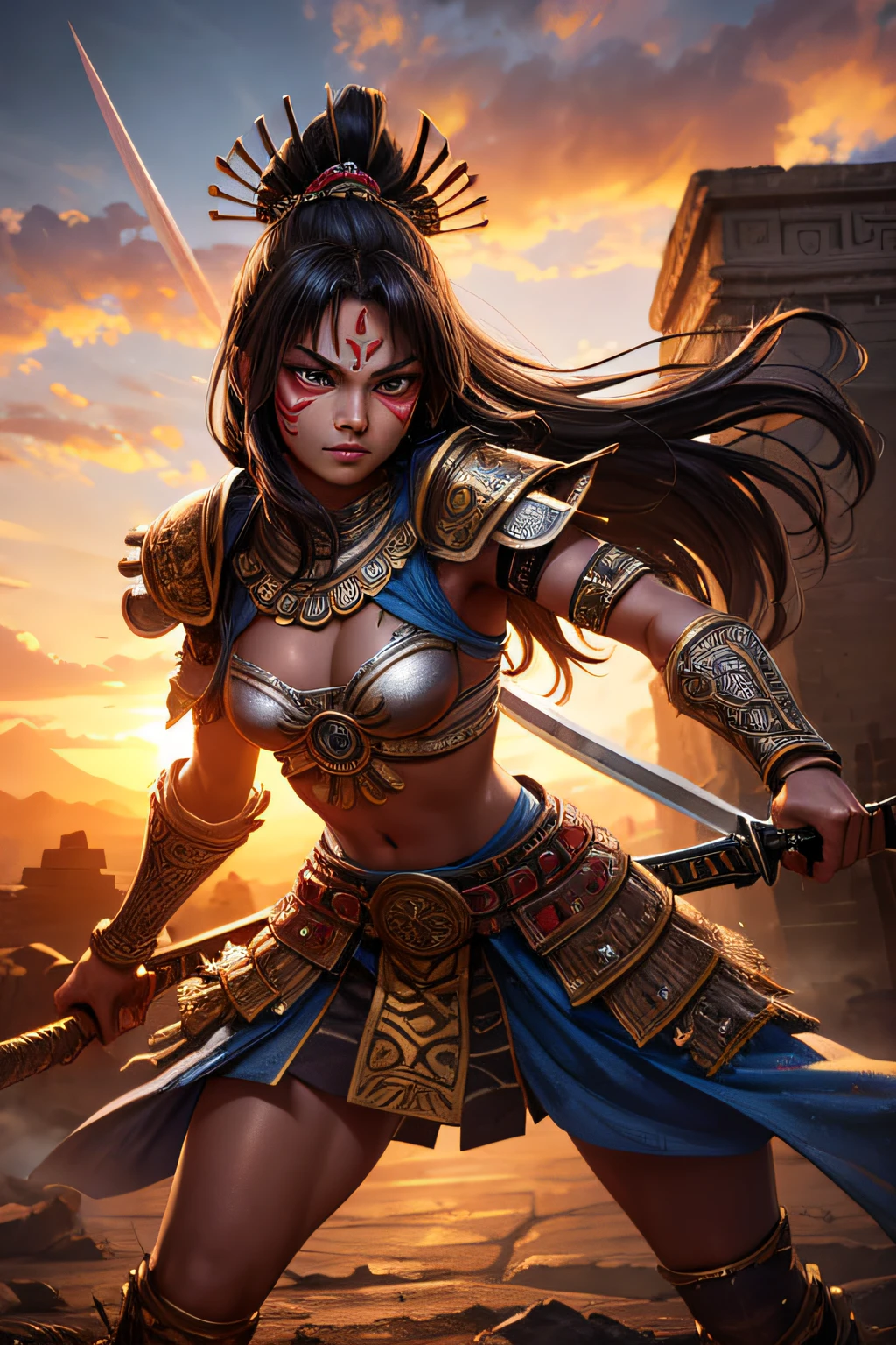 young aztec teen girl, ancient aztec warrior, wielding a sword,  evil look,,combat stance, facepaint, bodypaint, sexi, small breasts, ancient aztec battle dress and armor, aztec pyramide in background, highly detailed, vibrant appearance, creative behavior, extremly detailed, imaginative, sensual, spontaneous, highest quality, skin texture, intricate details, (cinematic lighting), RAW photo, 8k, masterpiece,best quality,ultra-detailed,very detailed illustrations,extremely detailed,intricate details,highres,super complex details,extremely detailed 8k cg wallpaper,
