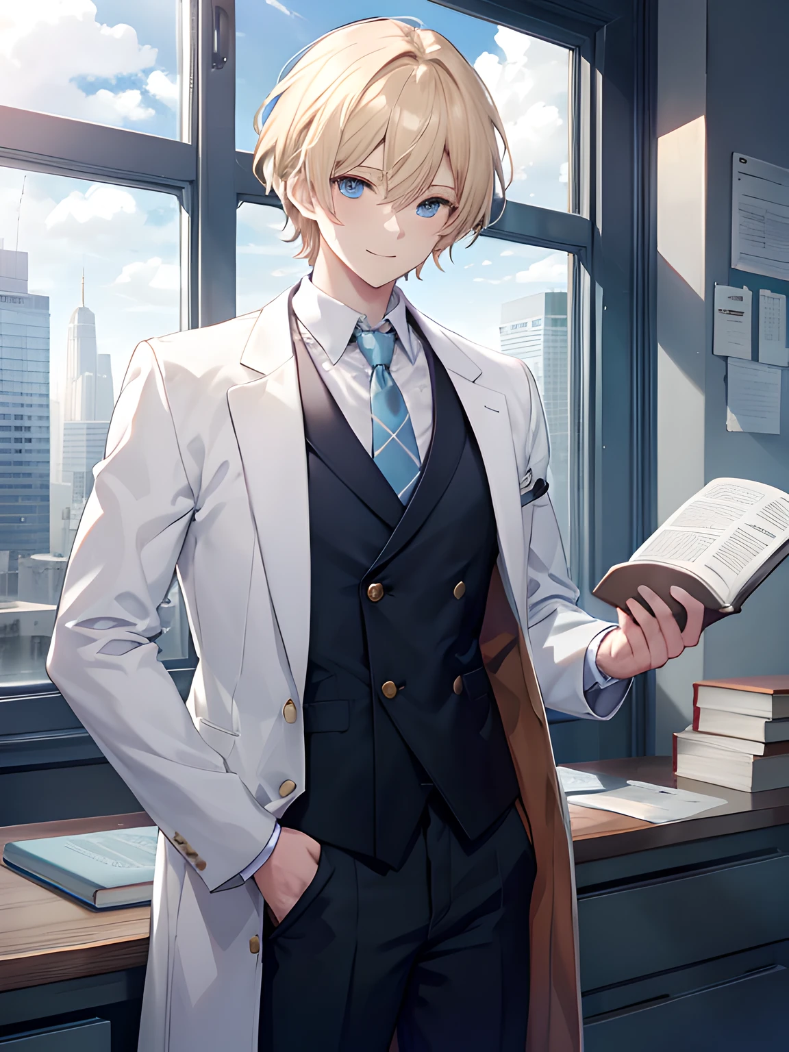 1 boy, gold hair, light blue eyes, side parted hair, doctor's suit, left hand holding a book on his chest, right hand in his trouser pocket, glazed eyes, smiling, sky background