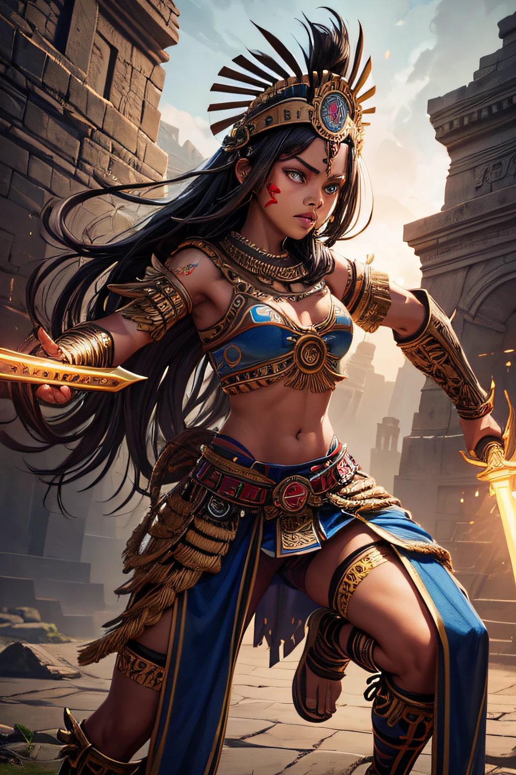 young aztec girl, ancient aztec warrior, wielding a sword, evil look,,combat stance, facepaint, bodypaint, sexi, small breasts, ancient aztec battle dress and armor, aztec pyramide in background, highly detailed, vibrant appearance, creative behavior, extremly detailed, imaginative, sensual, spontaneous, highest quality, skin texture, intricate details, (cinematic lighting), RAW photo, 8k, masterpiece,best quality,ultra-detailed,very detailed illustrations,extremely detailed,intricate details,highres,super complex details,extremely detailed 8k cg wallpaper,
