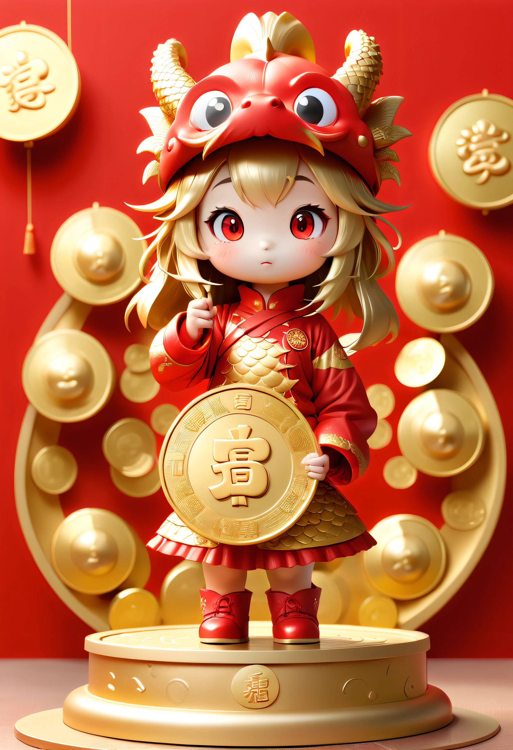 Super cute girl wearing Chinese dragon hat，Standing on a circular stand,holding big gold coin , Eyes are bright, Red Wall, Pop Mart blind box, a 3D render, hairy pubic hair